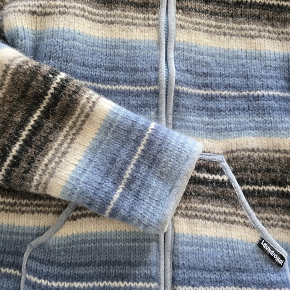 Laundromat Striped Hooded Jacket with Blue and Brown Tones 100% Wool Heavy Knit - Picture 15 of 16